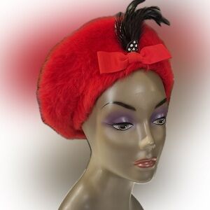 Vintage Kangol Red Wool Beret Style Hat with Bow and Feather